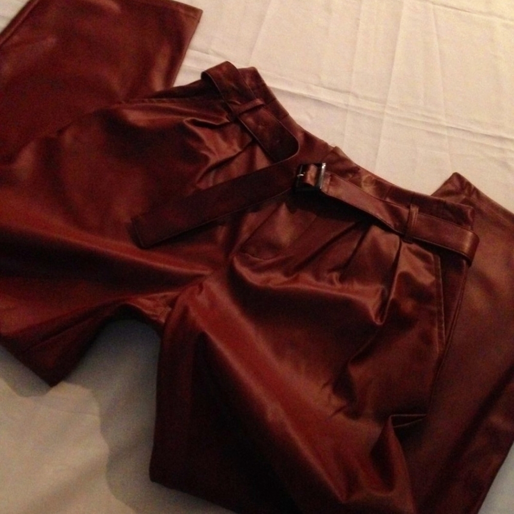RUST COLOR High waist paperbag waist with belt wide leg faux leather pant